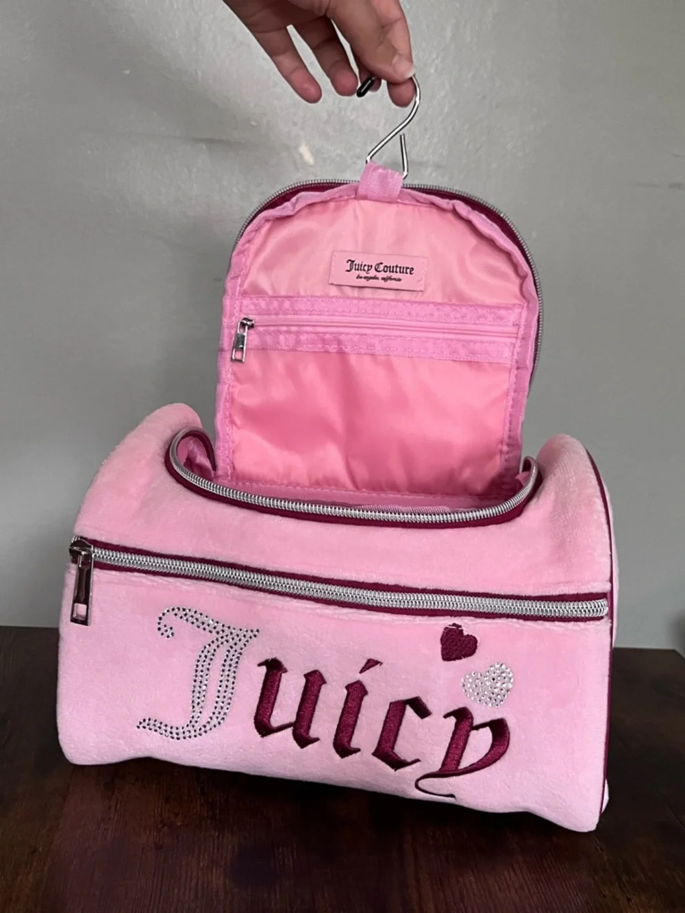 Juicy Couture Pink Plush Embroidered 'Juicy' Cosmetic Bag with Crystal Accents - Picture 5 of 5
